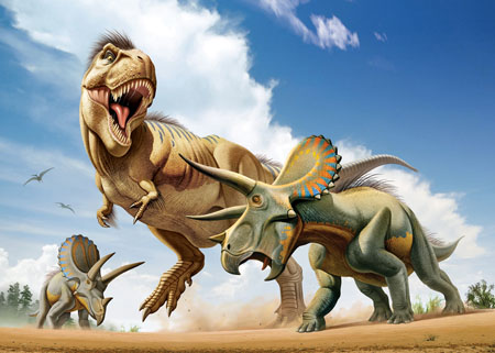 Tyrannosaurus Rex fighting with two Triceratops.